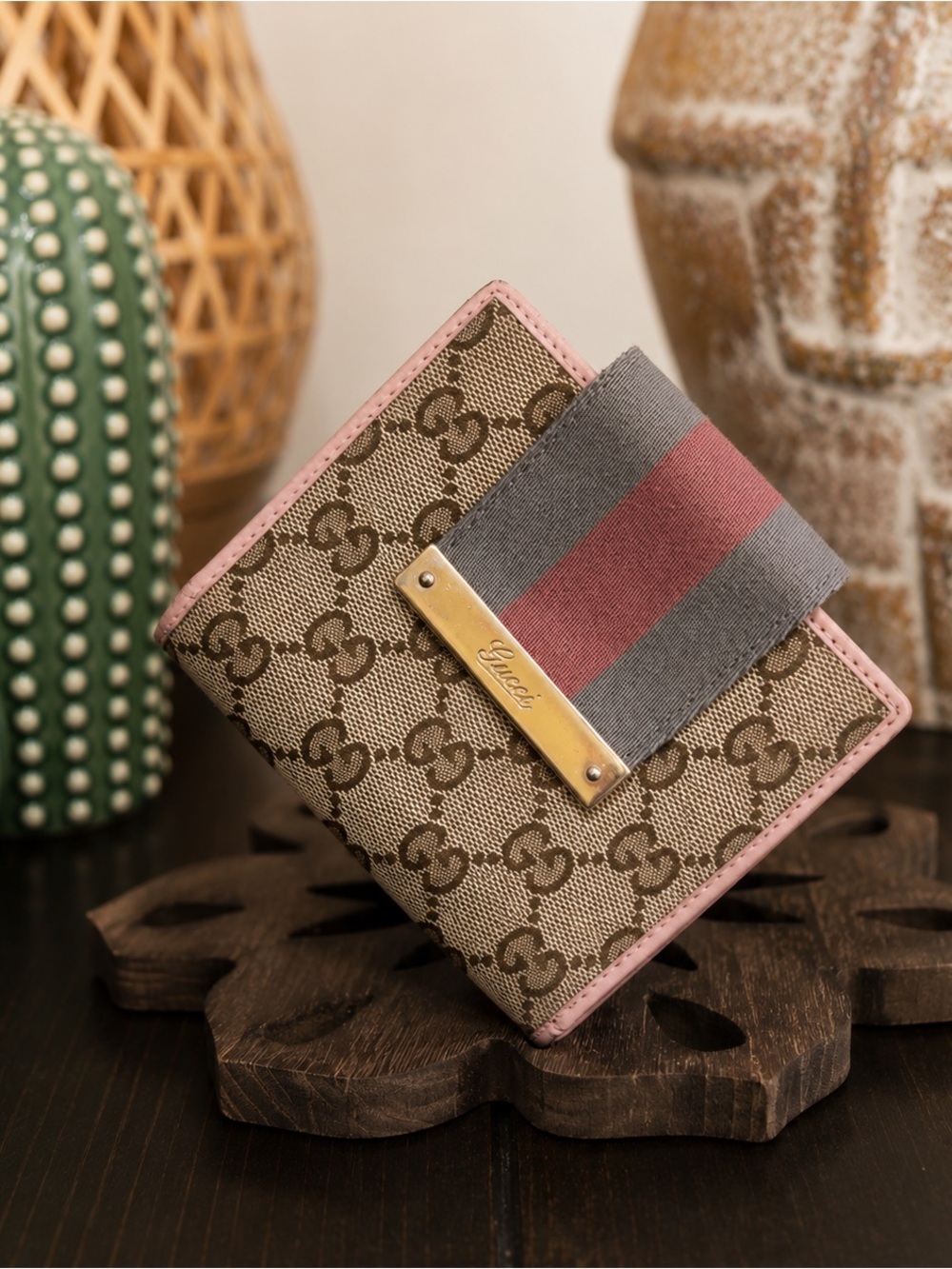 Gucci Vintage GG Canvas Wallet in Pink Trim with Web Stripe - Picture 2 of 10